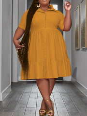 Plus Size Solid Short Sleeve Button Up Shirt Dress