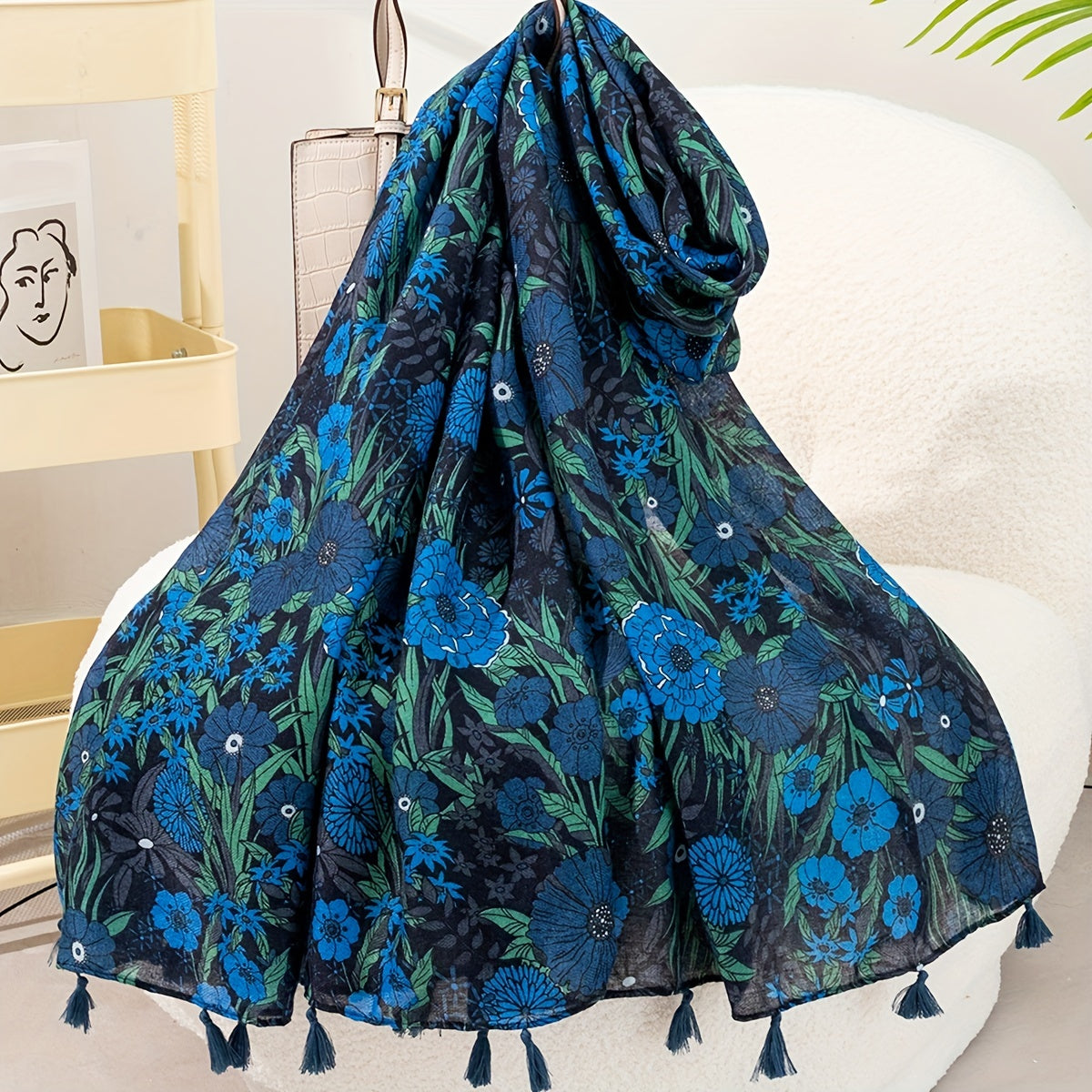 Hydrangea Flower Print Tassel Decor Scarf Casual Shawl Scarf Wrap