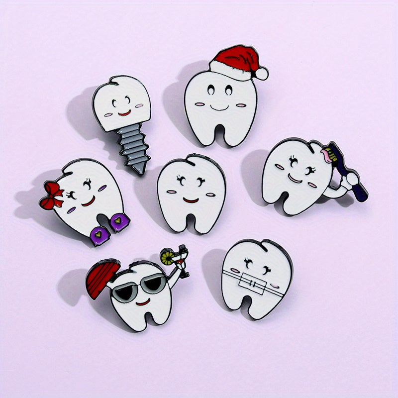 7pcs Love Tooth Care Funny Expression Christmas Hat Brooch Holiday Gift