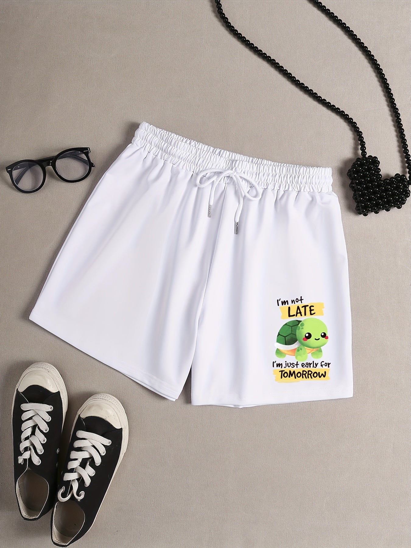  Turtle & Slogan Print Pajama Shorts