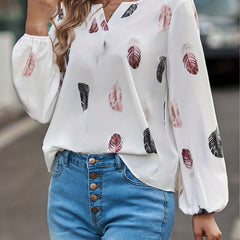  Casual Blouse Feather Print Lantern Sleeve Notched Neck Top