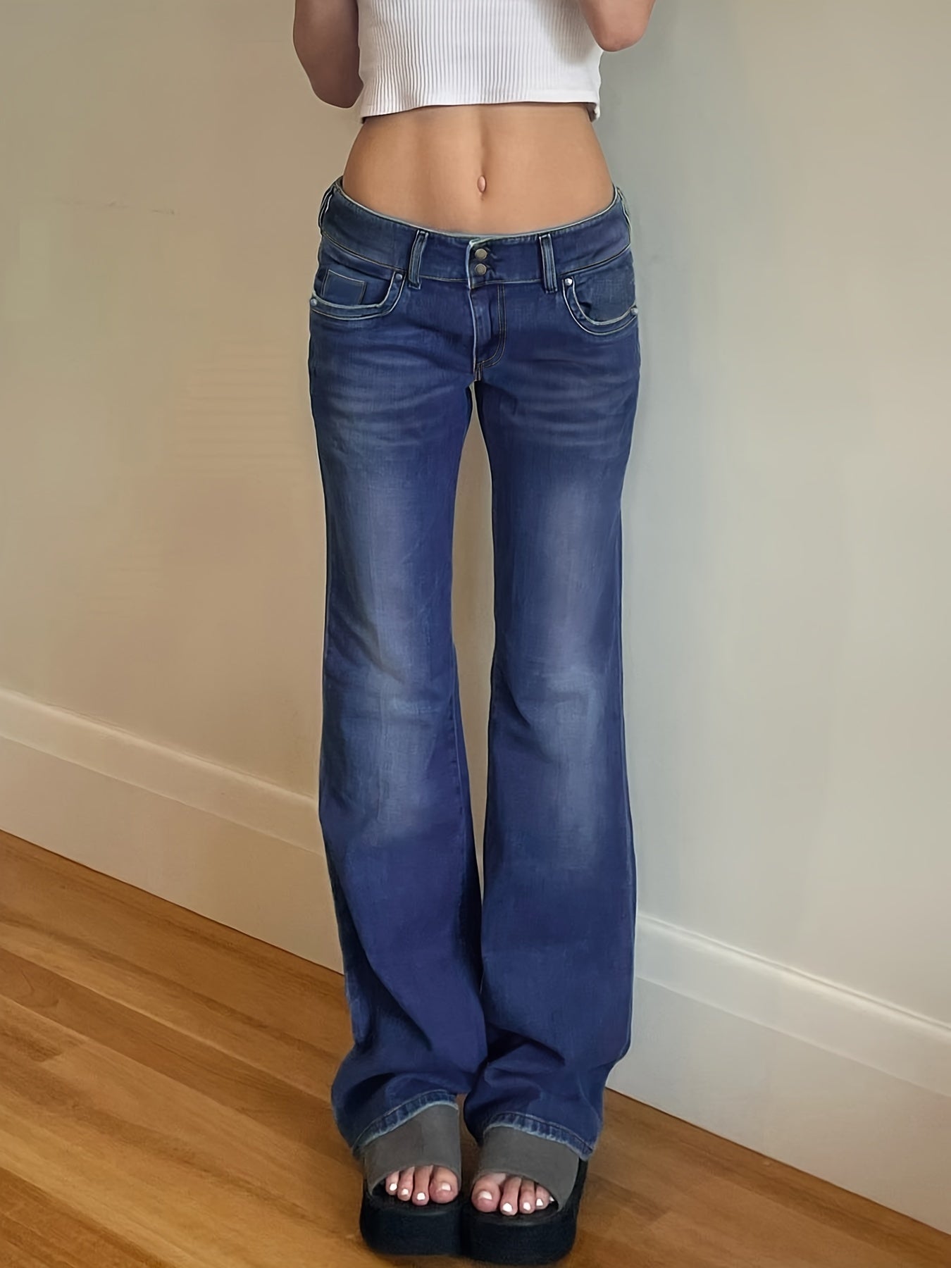 Wide Leg Denim Pants Slash Pockets High Stretch Baggy Jeans