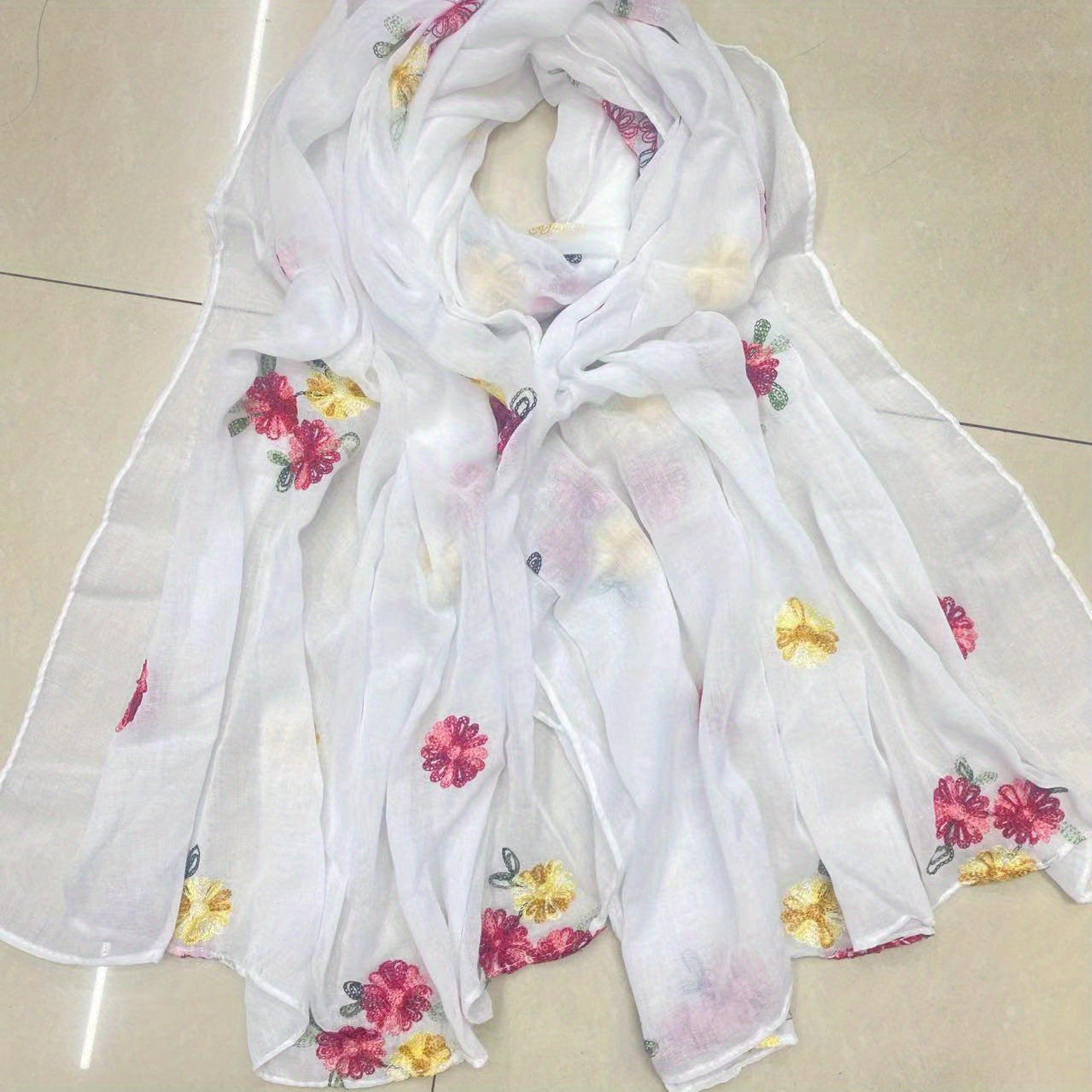 Solid Flower Embroidery Scarf Thin Shawl Windproof Head Wrap