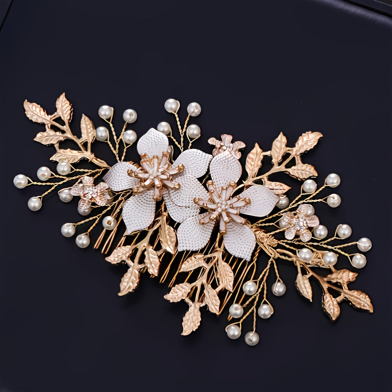 Golden Bridal Hair Comb Floral Pearl Wedding Comb Dainty Gift For Her