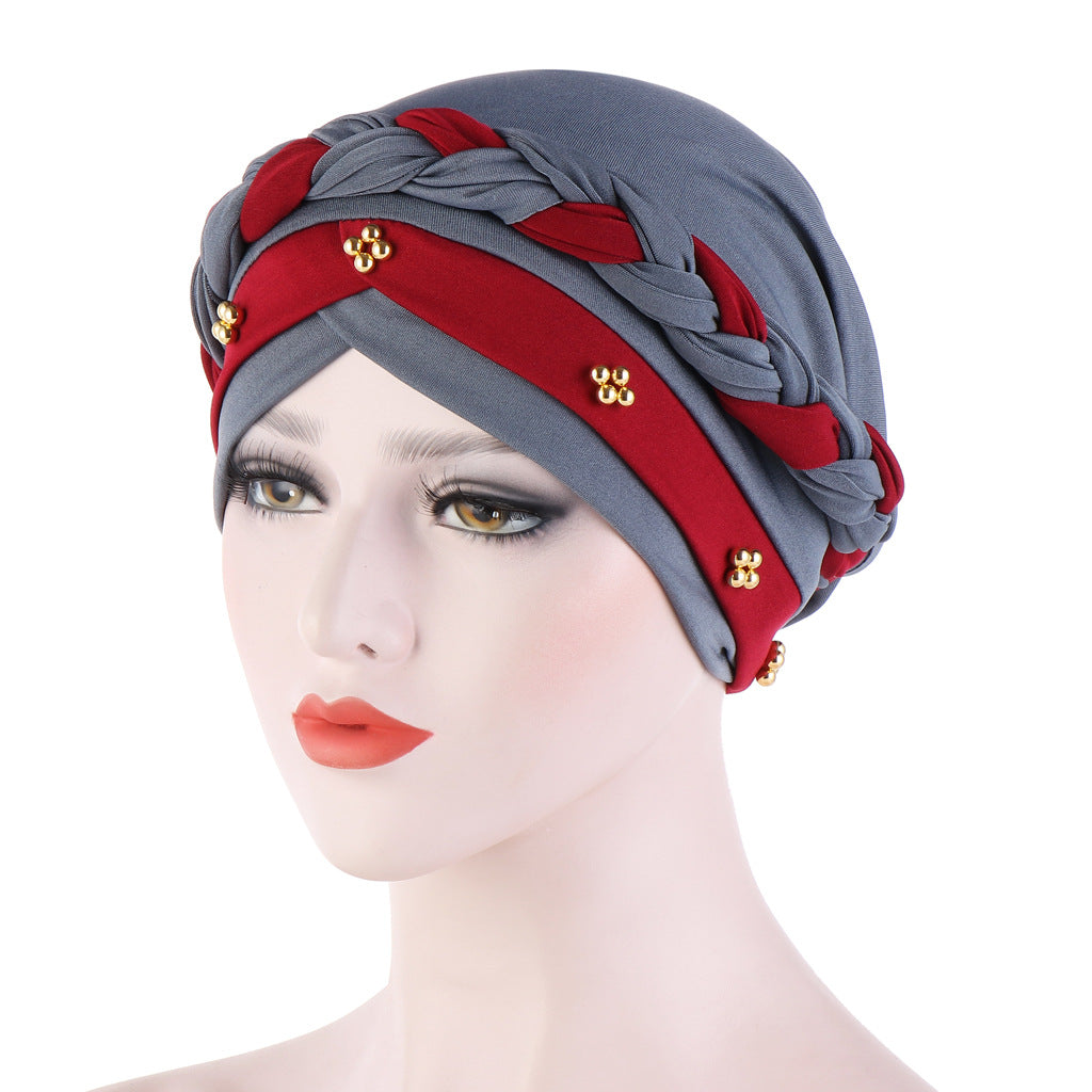 Two Tone Short Braid Turban Cap Beads Decor Hijab Turban