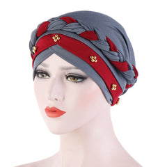 Two Tone Short Braid Turban Cap Beads Decor Hijab Turban