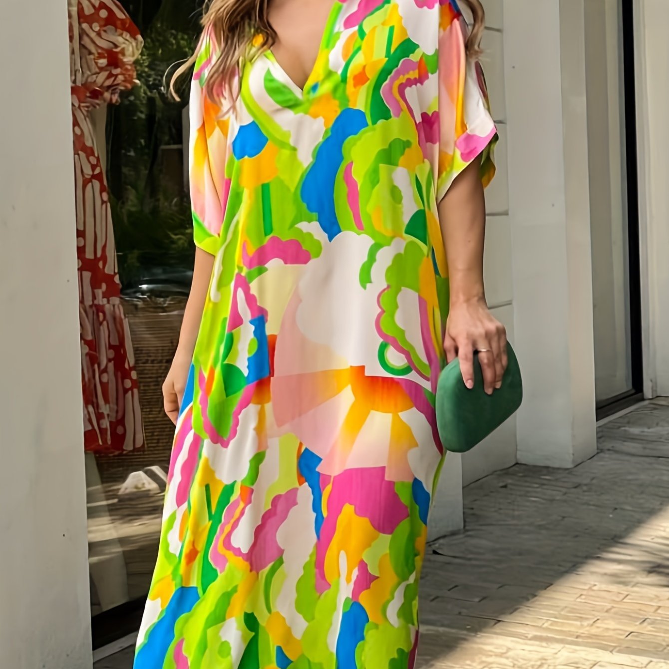 Plus Size Casual Dress Women's Plus Allover Print Bat Sleeve V Neck Maxi Dress