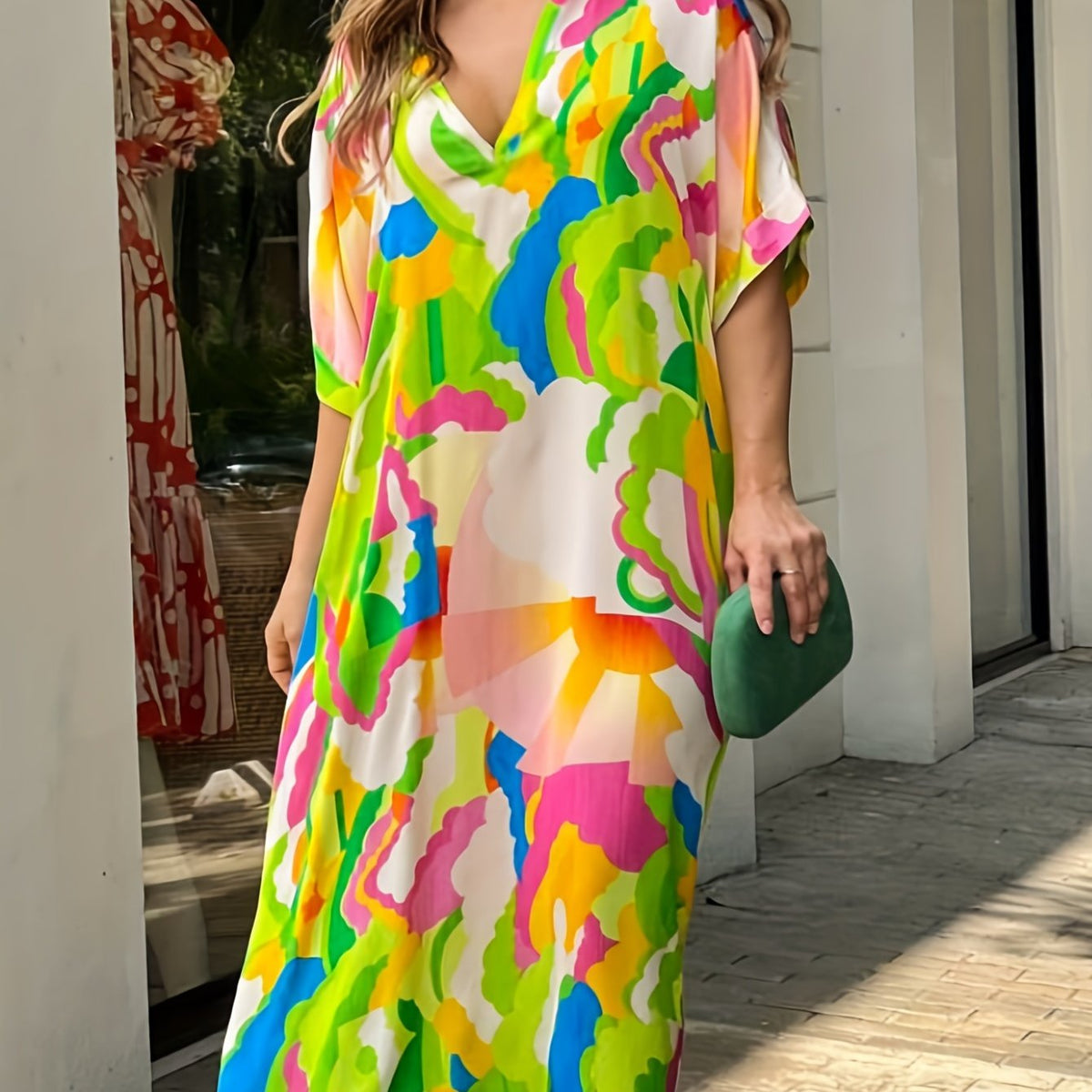 Plus Size Casual Dress Women's Plus Allover Print Bat Sleeve V Neck Maxi Dress