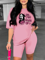  Grim Reaper Print Tee & Shorts Outfit Set