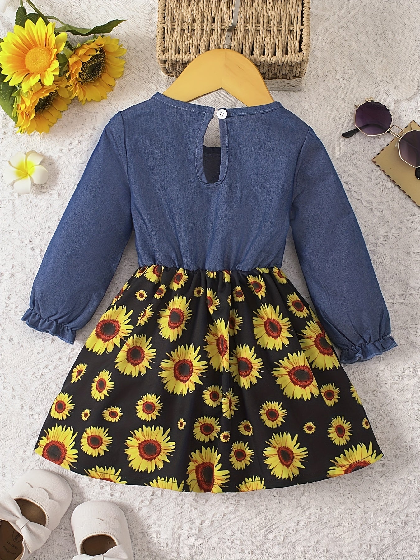 Cute Baby Girl's Denim Dress with Floral Print