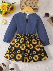 Cute Baby Girl's Denim Dress with Floral Print