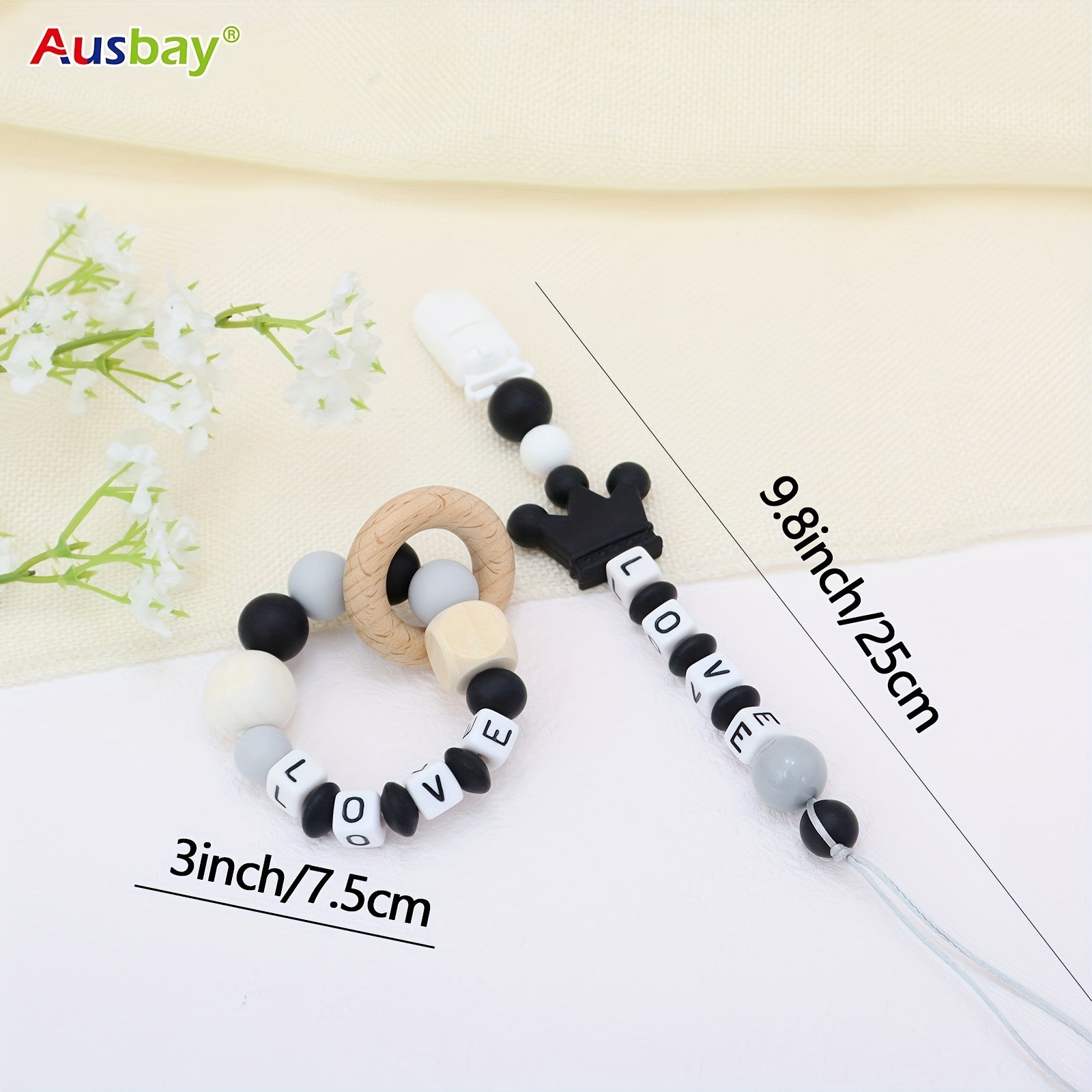 2pcs Personalized Baby Dummy Clip with Name Baby Rattle Teether Ring