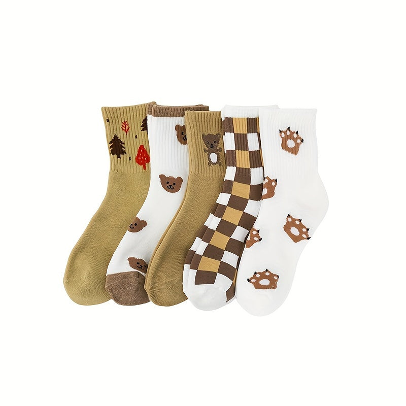 5 Pairs Cartoon Print Socks Comfy & Mid Tube Socks Women's Stockings