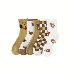 5 Pairs Cartoon Print Socks Comfy & Mid Tube Socks Women's Stockings