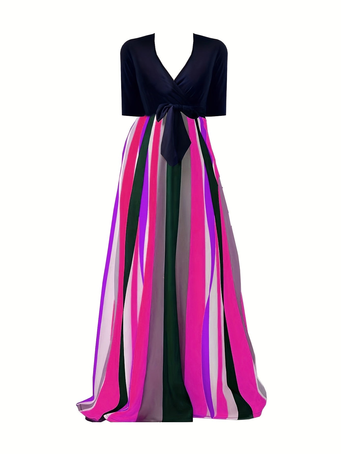  Colorful Striped Short Sleeve Maxi Dress