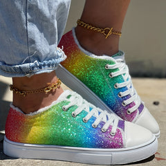 Glitter Rainbow Print Canvas Shoes Lace Up Outdoor Low Top Sneakers