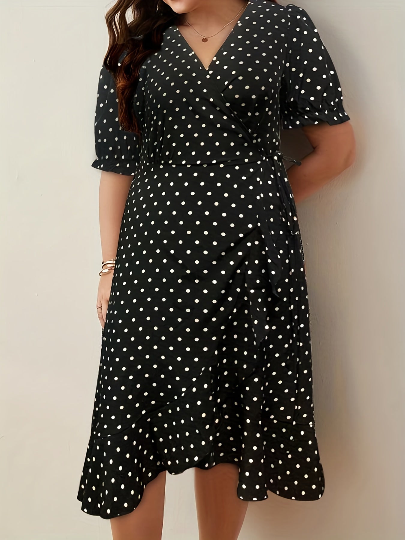  Polka Dot Print Puff Sleeve Wrap Dress