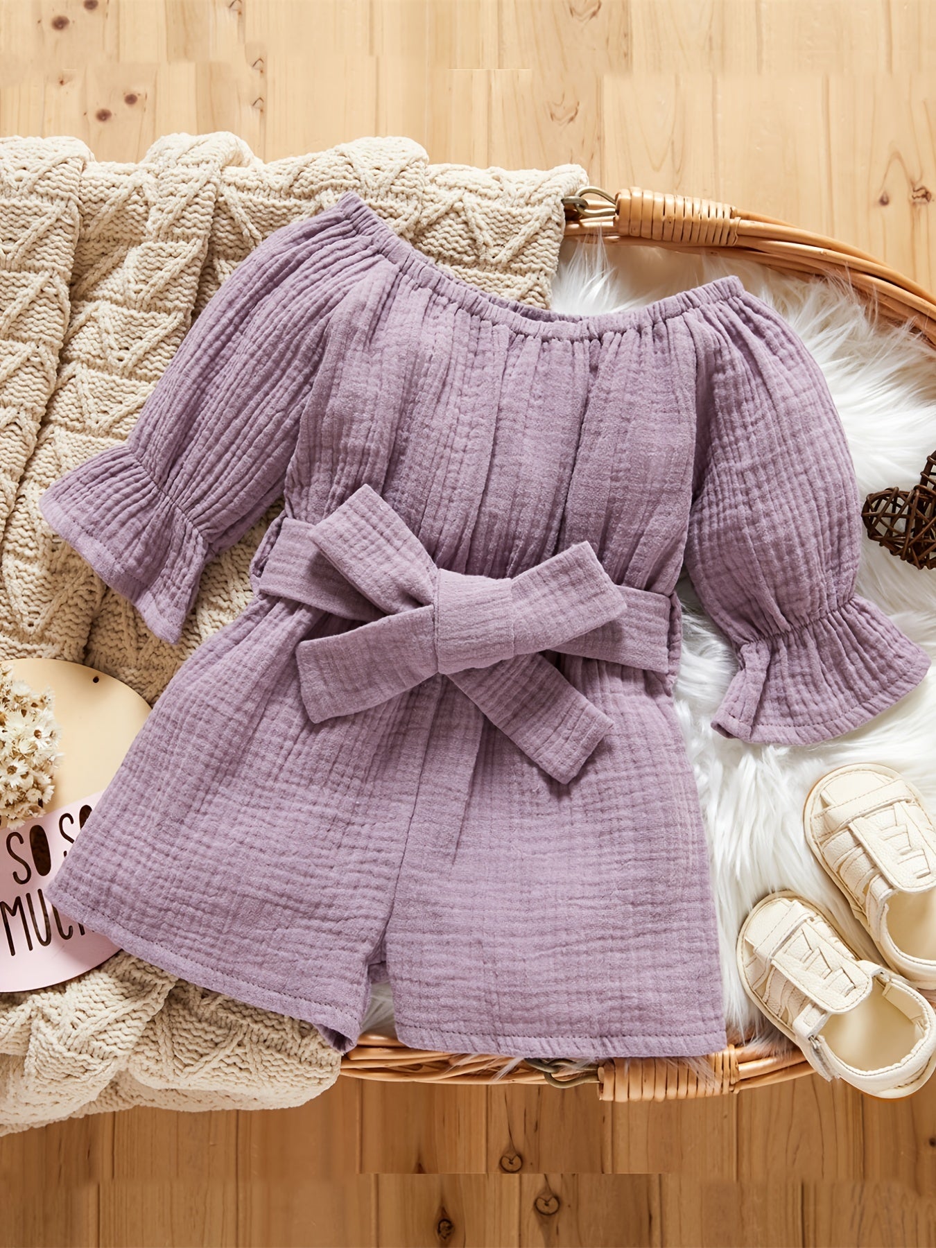 Toddler Off Shoulder Long Sleeve Romper with Wide Leg Pants