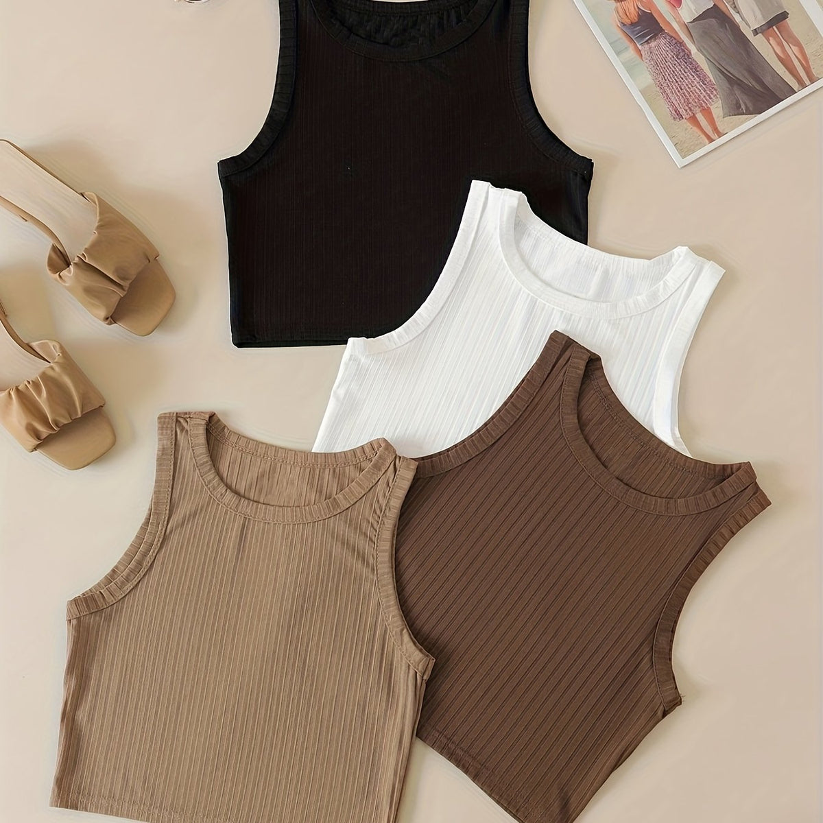 Ribbed Tank Top 4-Pack Crew Neck Sleeveless Casual Women's Clothing