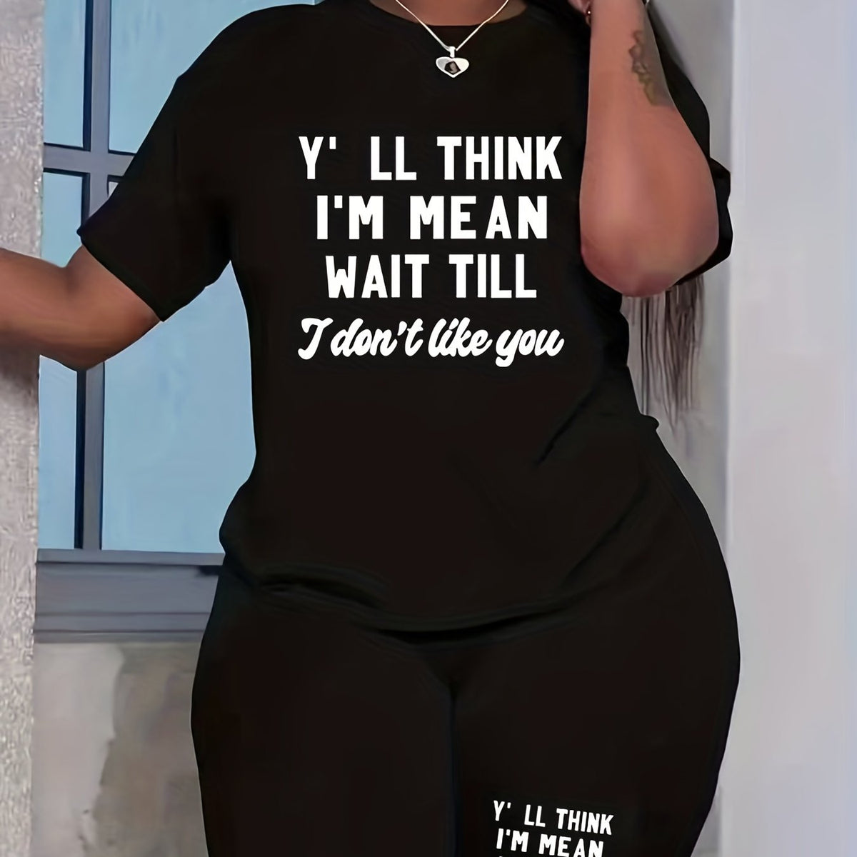 Women's Plus Slogan Print Top & Shorts Set