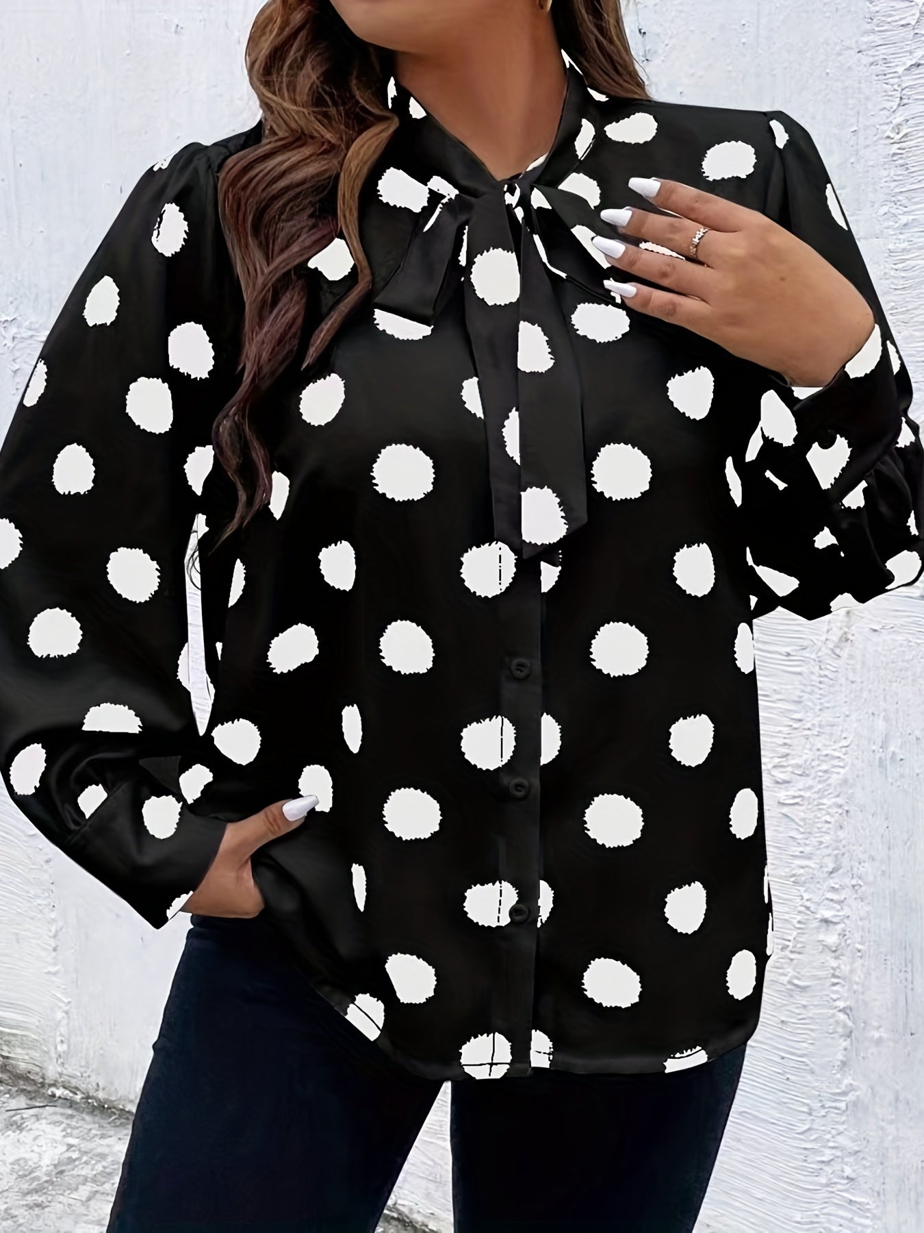  Dot Print Lantern Sleeve Blouse