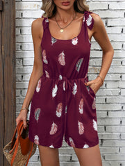 Feather Print Tie Strap Romper Jumpsuit Casual Sleeveless Romper