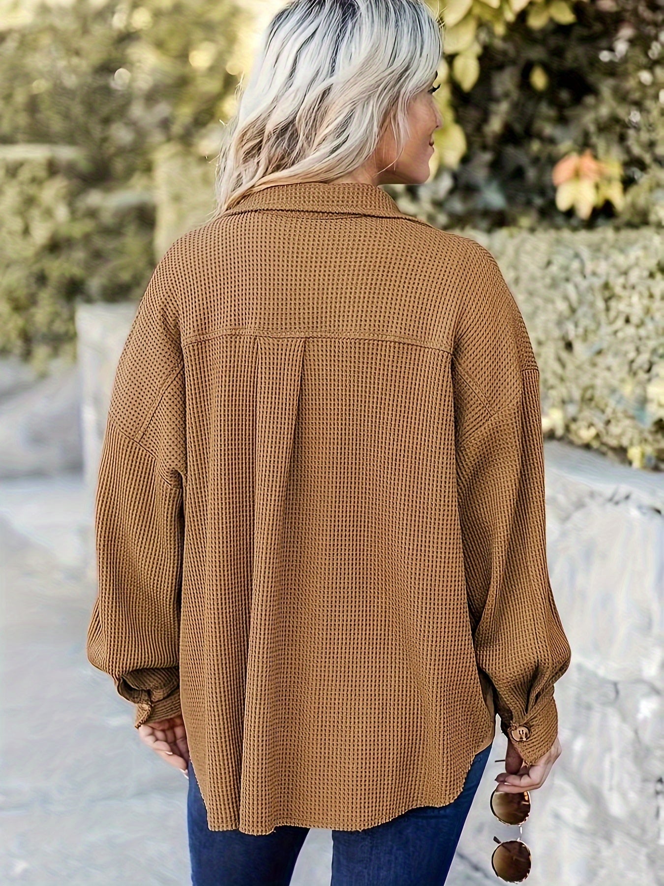  Colorblock Waffle Long Sleeve Button Up Shirt Top
