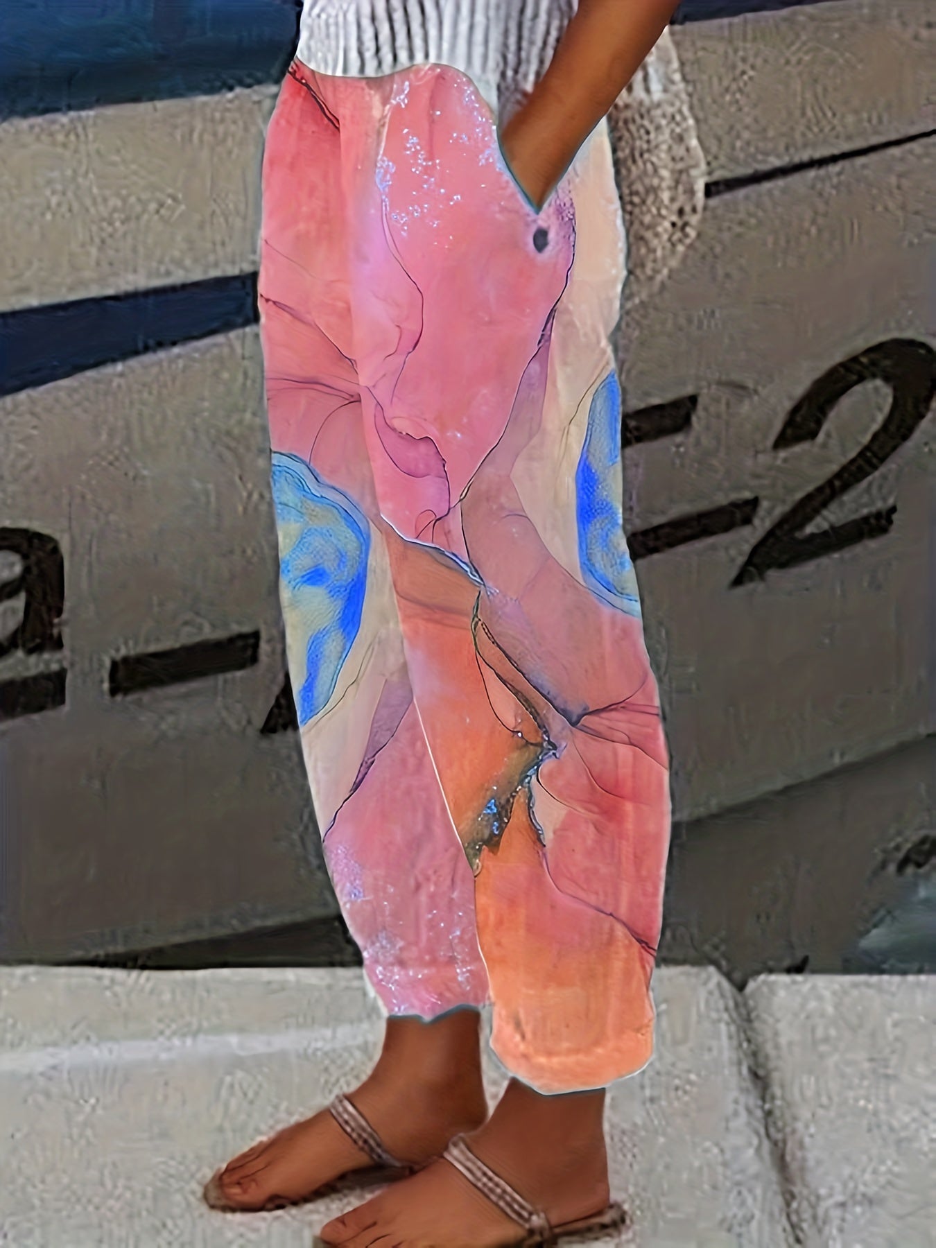 Marble Print Elastic Waist Pants Long Length