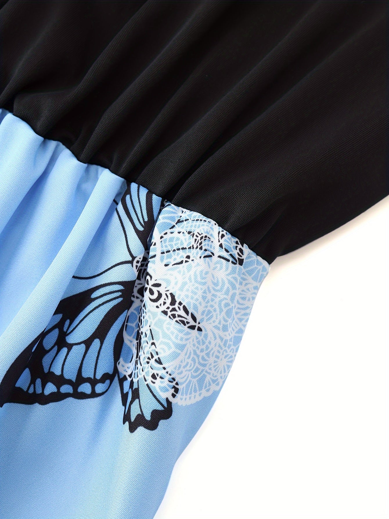 Butterfly Print Cold Shoulder Puff Sleeve A line Cami Dress