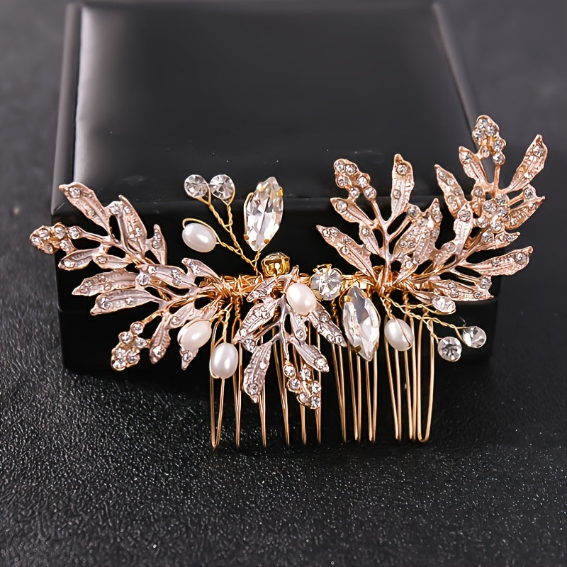Rhinestone Bridal Hair Comb Clip Golden Hair Accessories For Brides