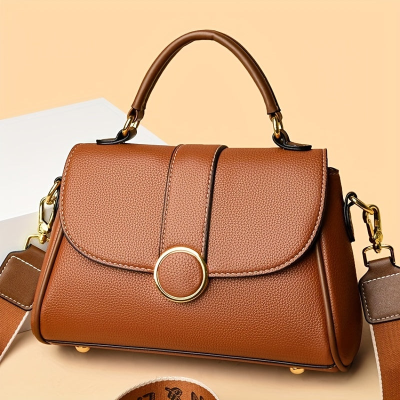 Wide Strap Satchel Crossbody Bag PU Leather Textured Bag Purse