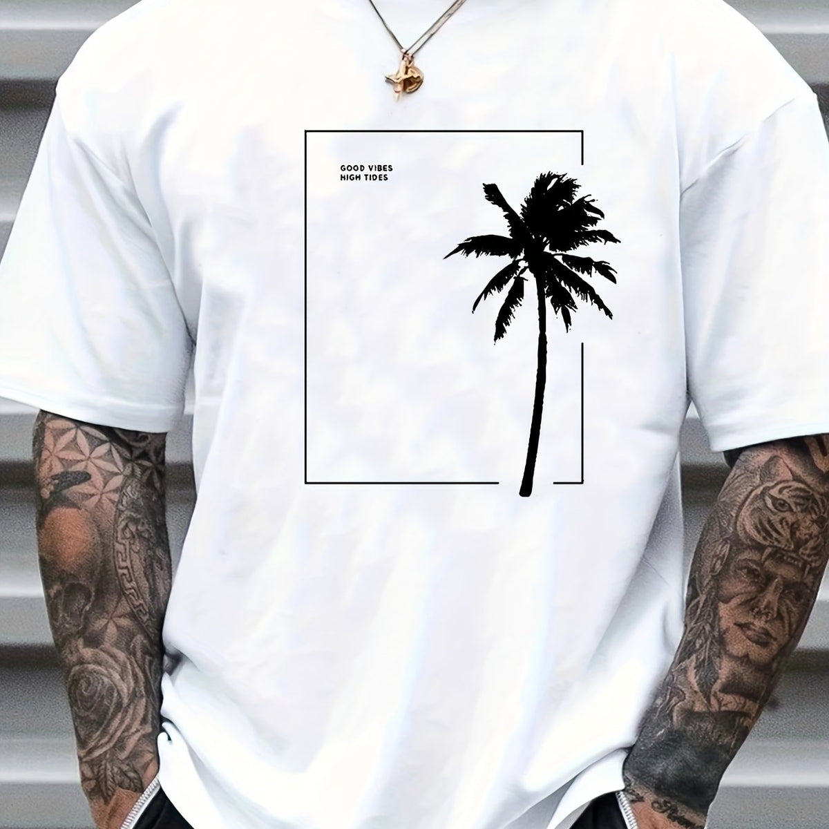 Coconut Tree Print Men's Graphic Crew Neck T shirt Casual Comfy Tees for Summer