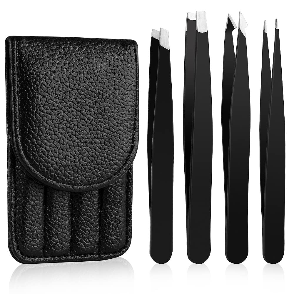 4pcs Stainless Steel Tweezers Set with Travel Case for Hair Removal