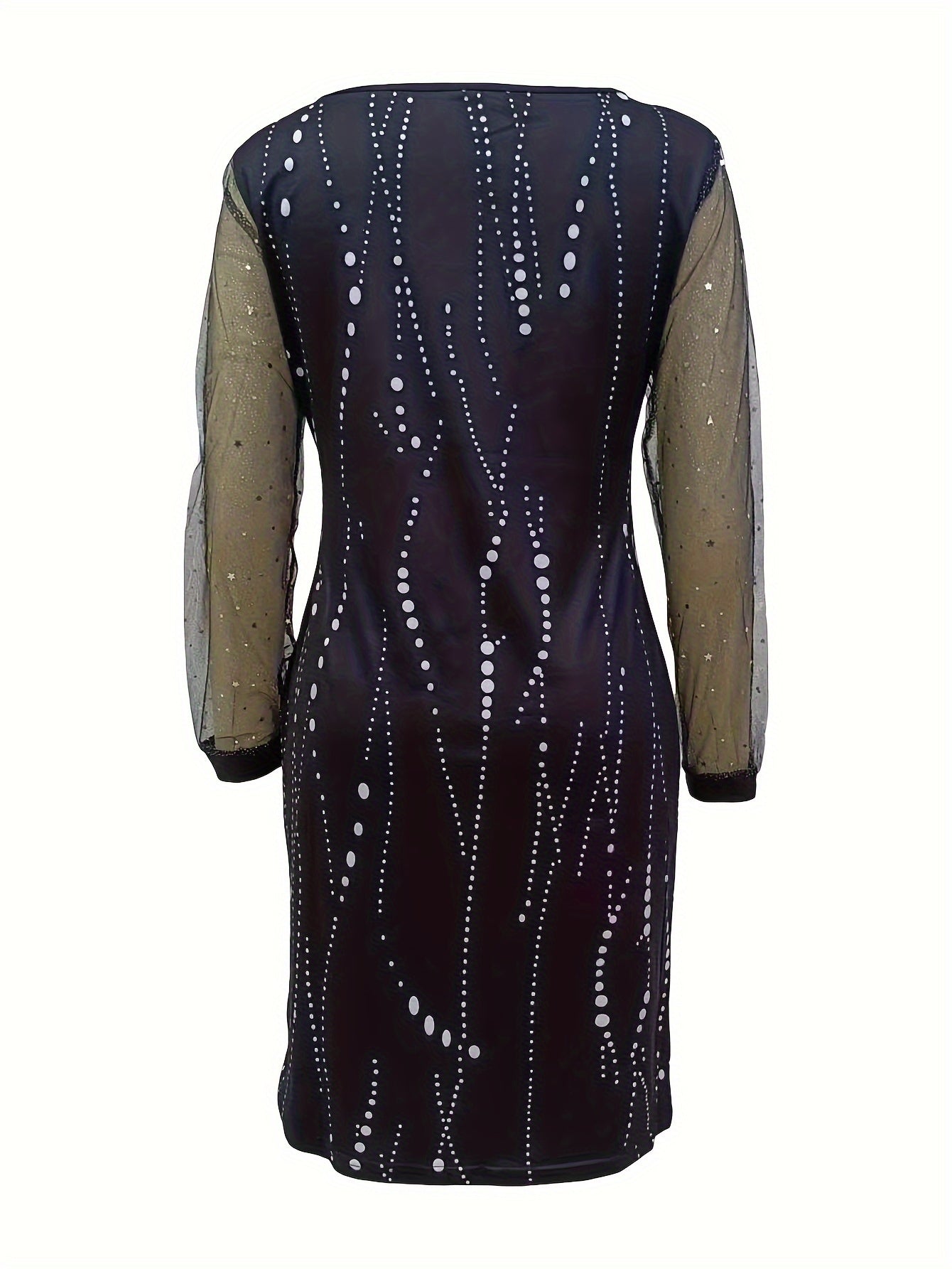  Dot Print Mesh Sleeve V-Neck Stretch Dress