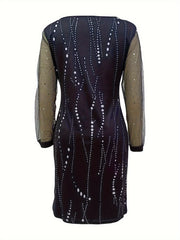  Dot Print Mesh Sleeve V-Neck Stretch Dress