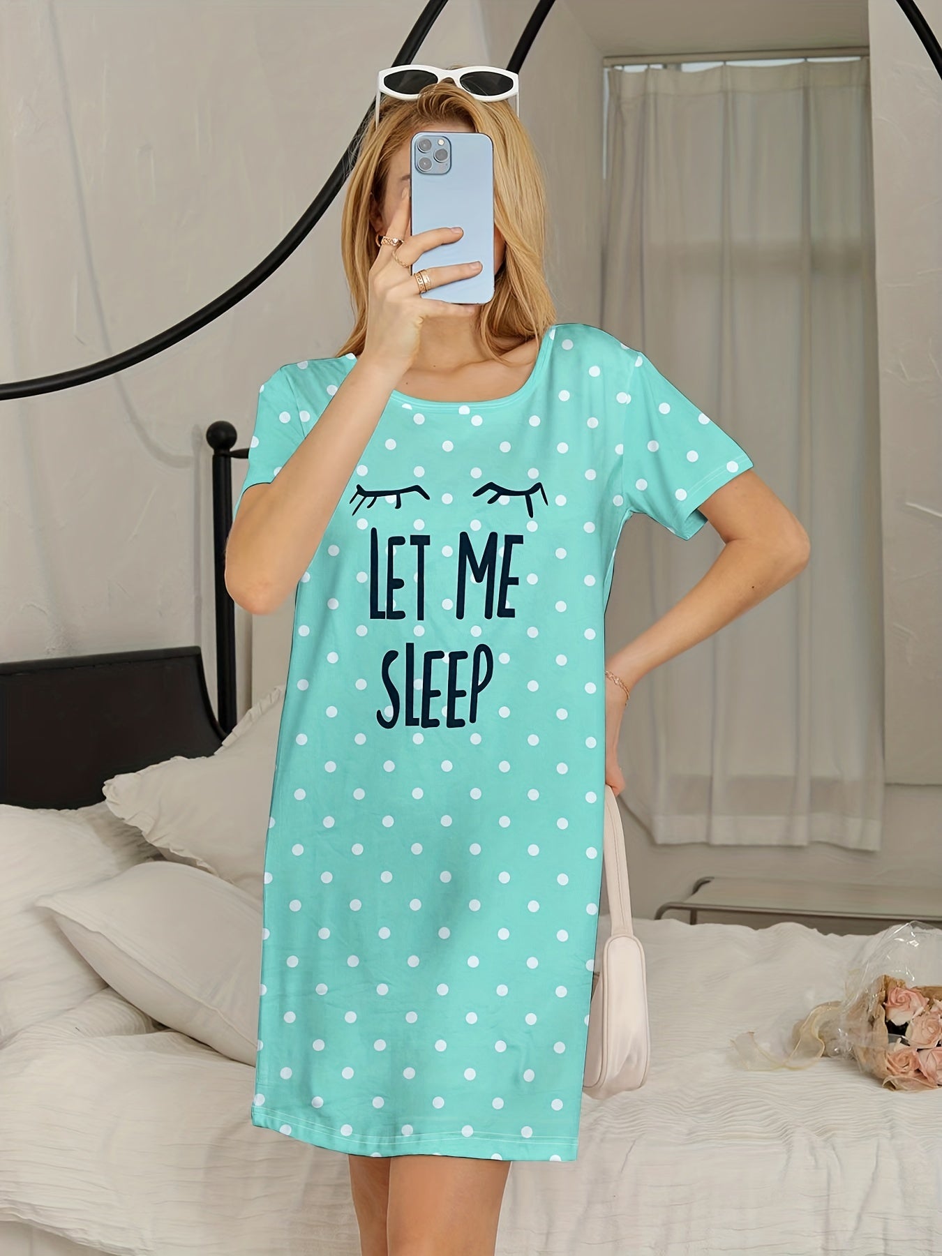 Polka Dot NightDress Short Sleeve Crew Neck Pajama Dress