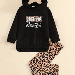 Toddler Girl's Leopard Pattern Outfit 2pcs Set HELLO Print