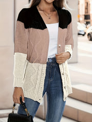 Block Knit Cardigan Button Front Casual Long Sleeve Sweater