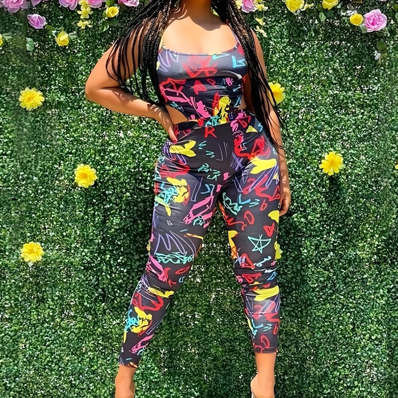 Graffiti Print Cut Out Jumpsuit Sexy Spaghetti Strap Sleeveless Jumpsuit