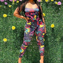 Graffiti Print Cut Out Jumpsuit Sexy Spaghetti Strap Sleeveless Jumpsuit