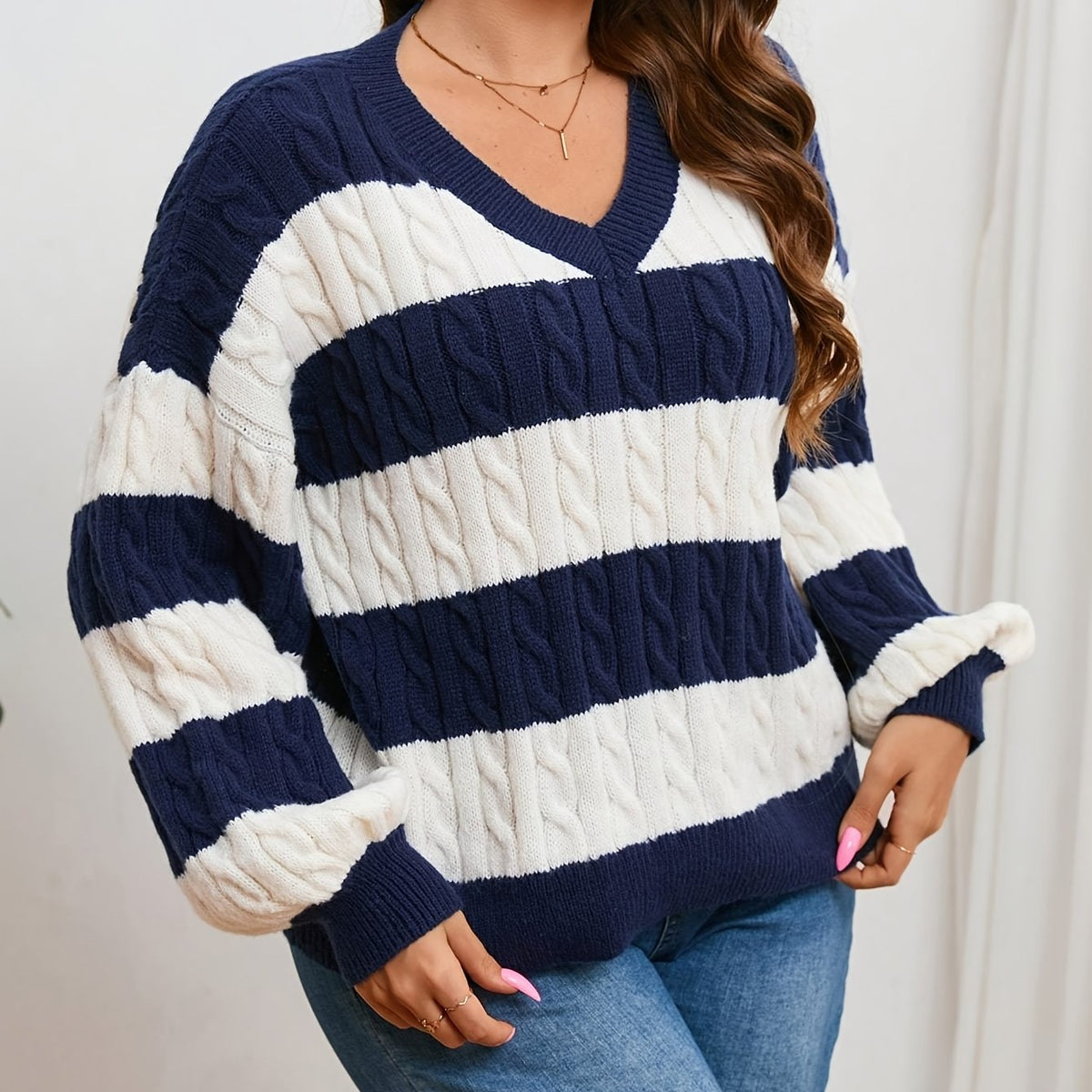  V-Neck Cable Knit Sweater - Stripe Pattern