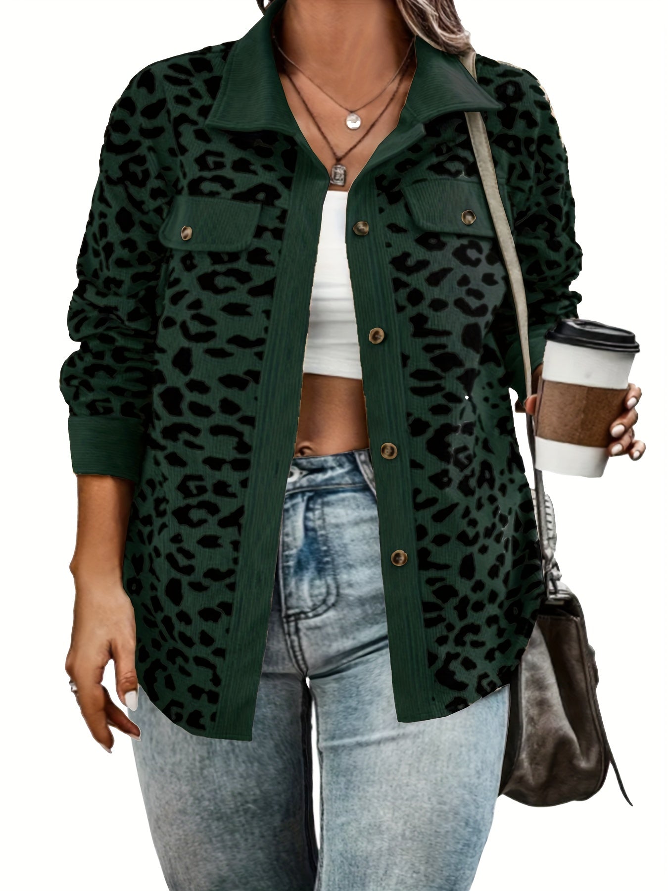 Leopard Print Corduroy Button Up Long Sleeve Shacket
