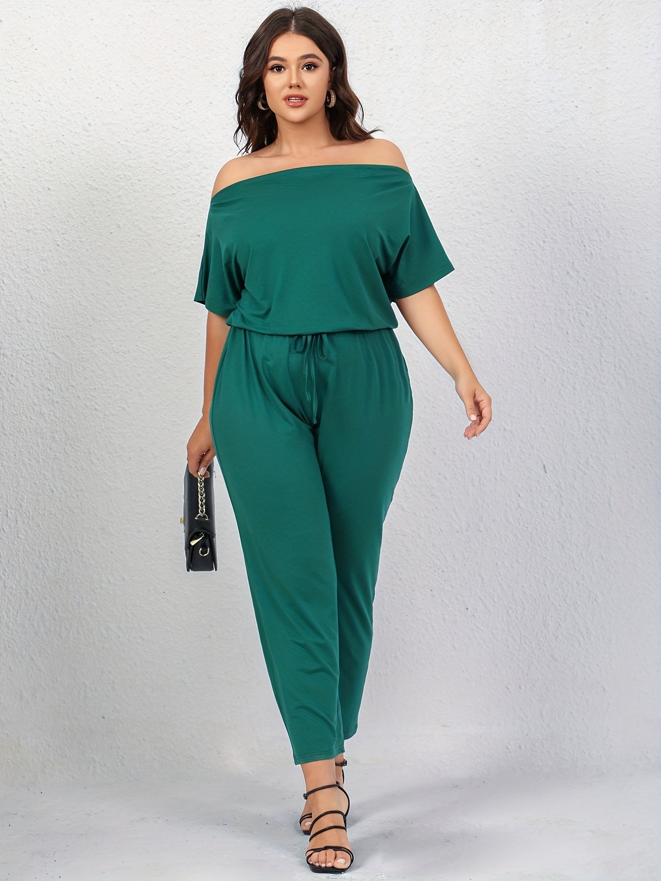  Solid Off Shoulder Short Sleeve Jumpsuit