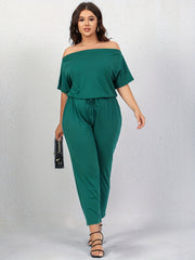  Solid Off Shoulder Short Sleeve Jumpsuit