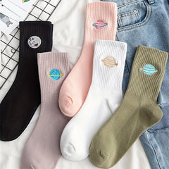 5 Pairs Planet Embroidery Print Socks Women's Mid Tube Stockings