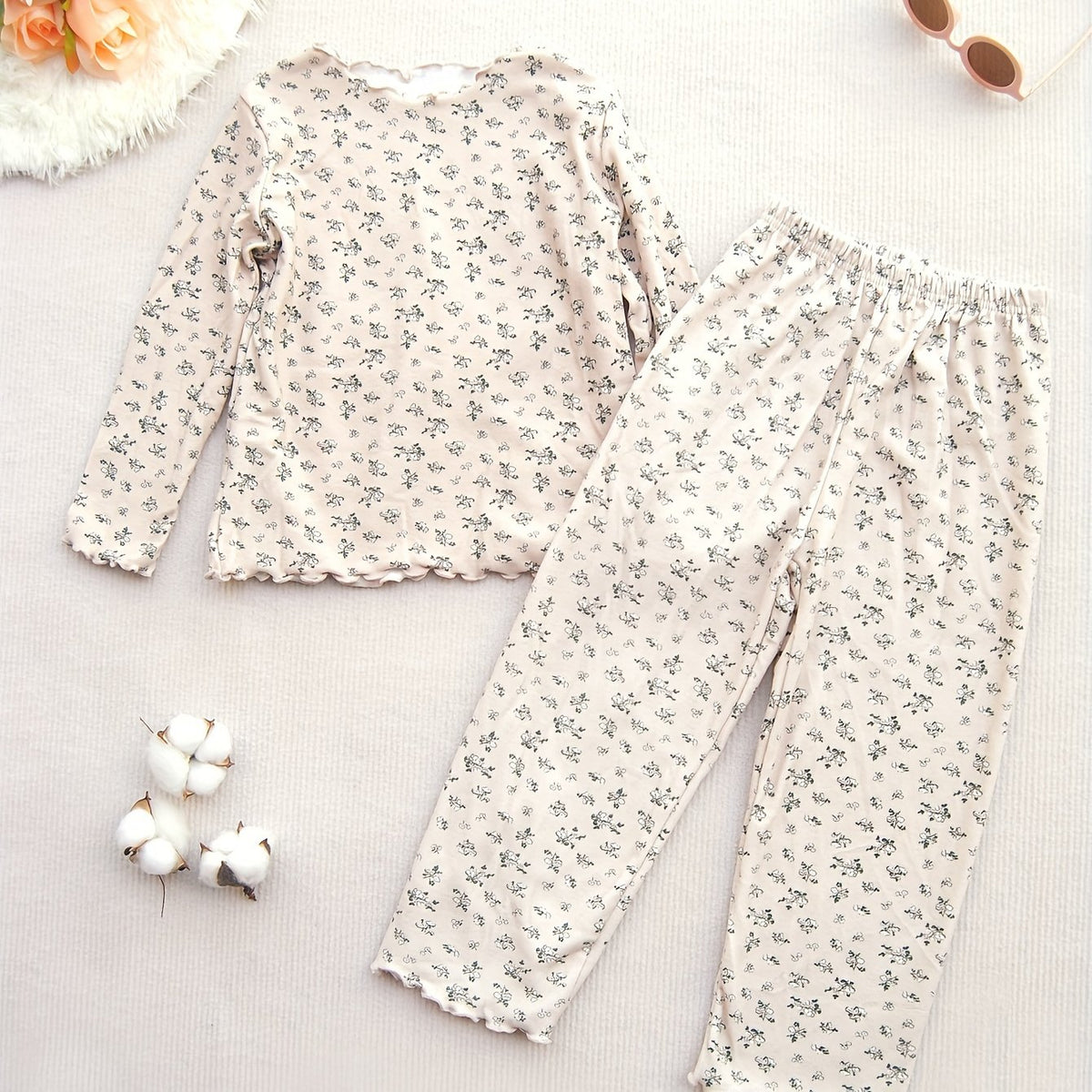 2pcs Floral Pajama Set Long Sleeve Top & Pants Cozy PJ Girl's Loungewear