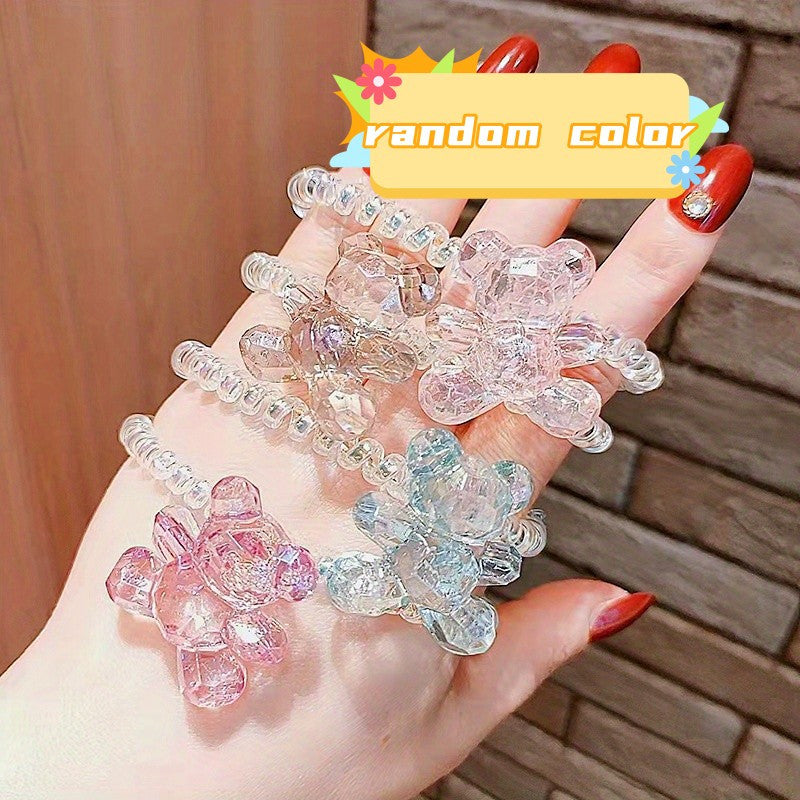 Crystal Bear Decor Spiral Hair Tie Holographic Hair Rope Elastic Ponytail Holder