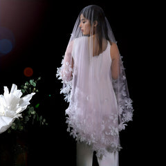Romantic Single Layer Bridal Veil with 3D Beaded Flowers Wedding Accessory