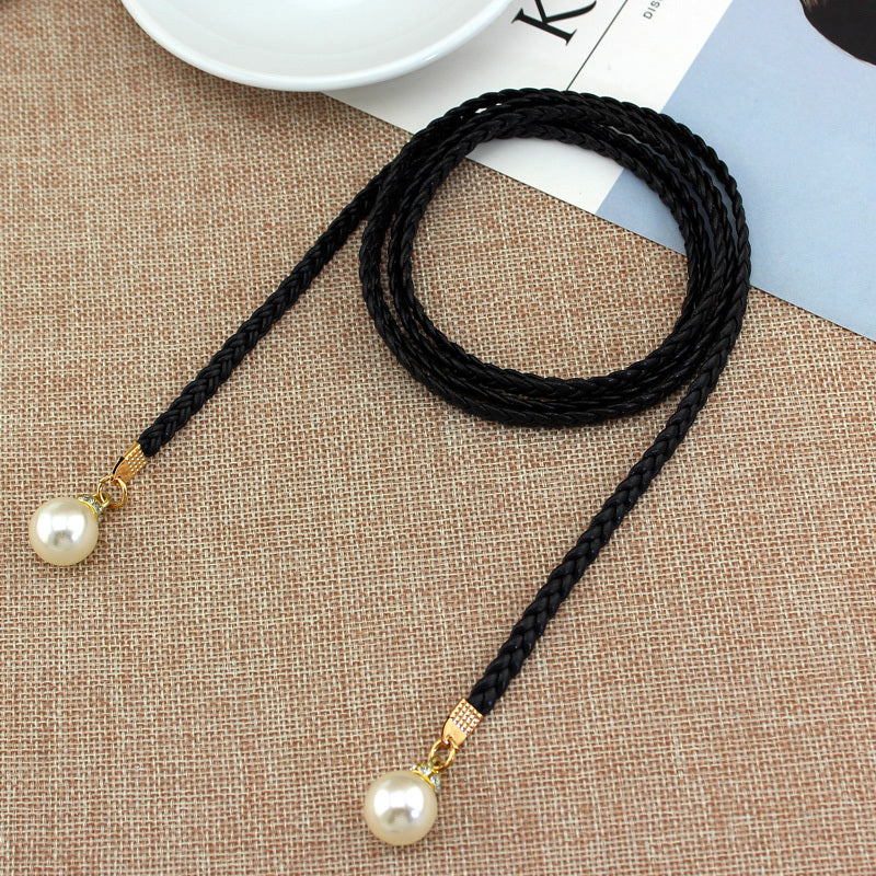Braided Thin Belt Women's Decor Waist Rope Sweet Dress Tie With Pearl