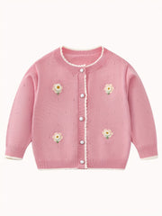 Baby Girl Sweater Coat With Small Flower Decor Knitted Cardigan